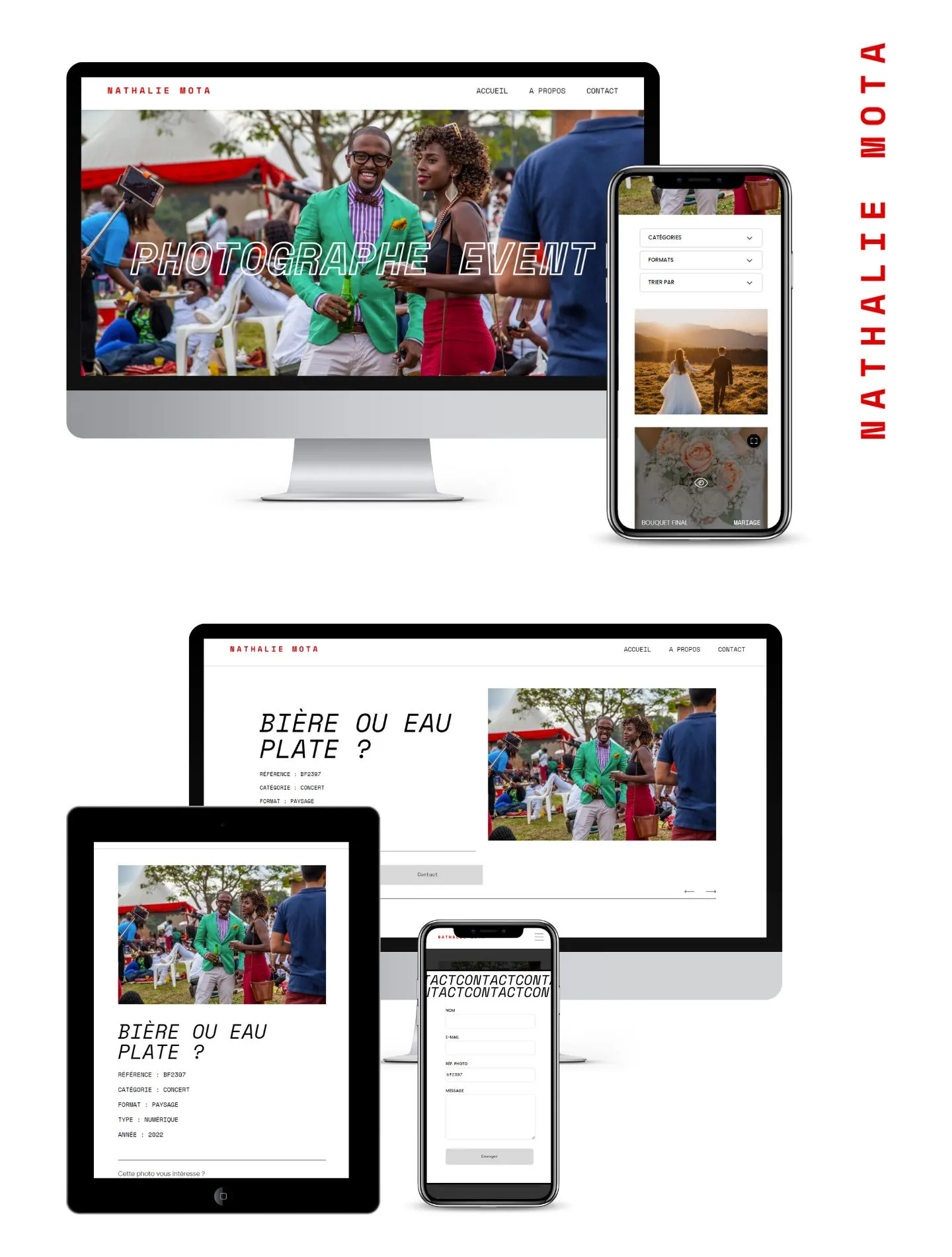 image d'ordinateur, de tablettes et de mobile avec le site réalisé pour Nathalie Mota